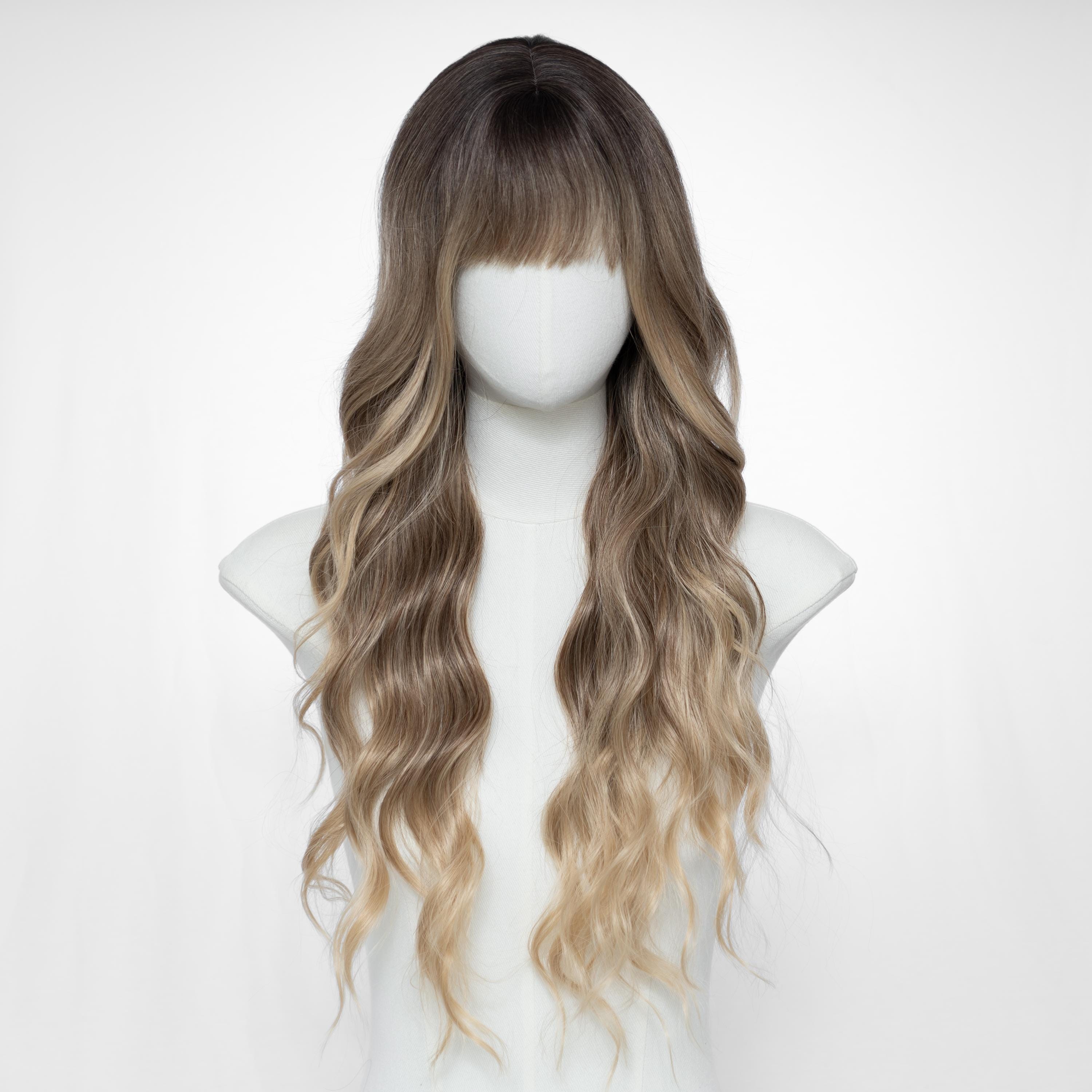 26-inch Wavy Ombre Wig With Bangs | Dark Brown Root to Ash  display picture 1
