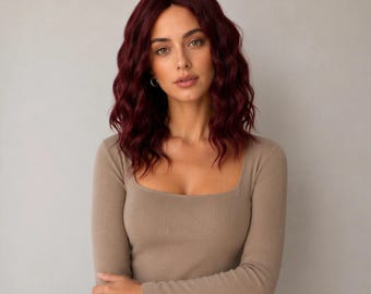 14-Inch Small Lace Front Wavy Bob Wig | Shoulder-Length Burgundy Red Synthetic Hair