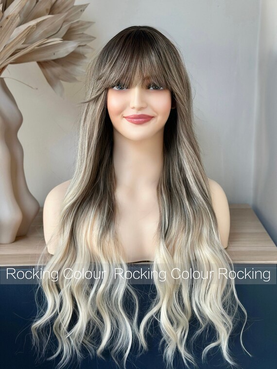24-inch Ash Blonde Ombre Wavy Wig With Bangs | Ash Brown  display picture 1