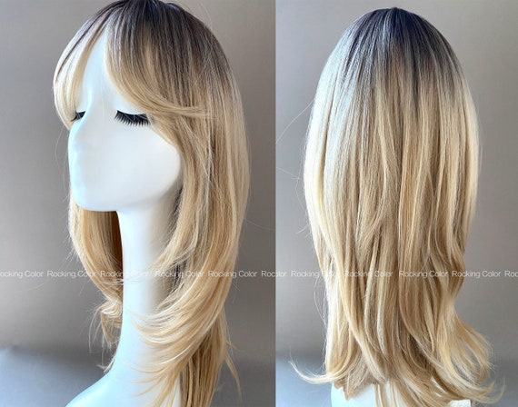 Blonde Ombre Layered Cut Wig With Bangs/ 22-inch Long Dark Blonde Ombre Layered Cut Wig With Bangs/ 22-inch Long Dark