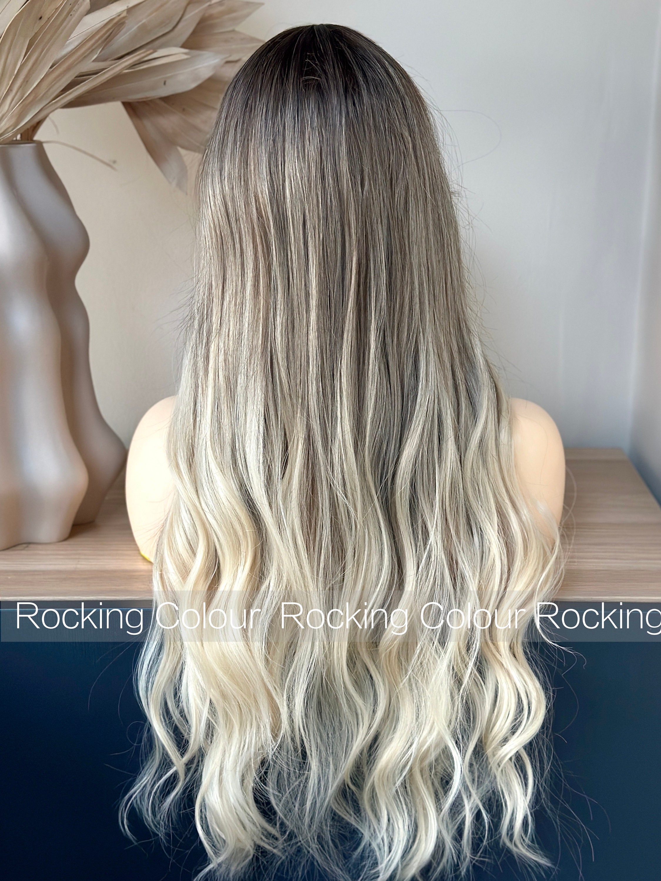 24-inch Ash Blonde Ombre Wavy Wig With Bangs | Ash Brown  display picture 1