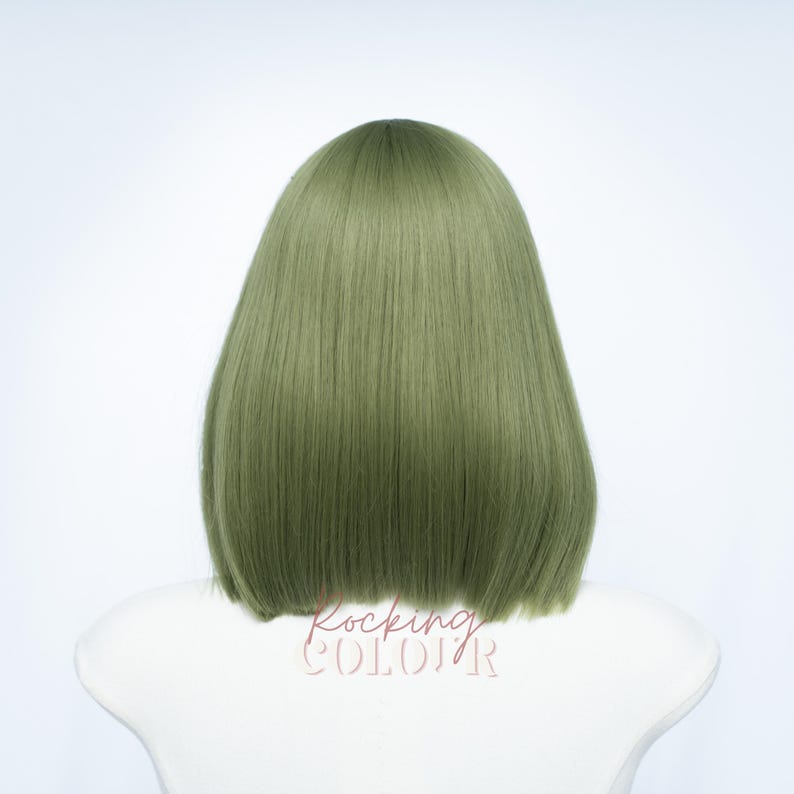Parrucca Bob verde matcha da 10 pollici con frangia / Capelli sintetici corti e lisci immagine 7