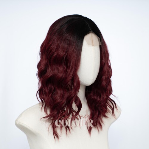 14-inch Red Ombre Wavy Bob Wig | Small Lace Front Dark Root 