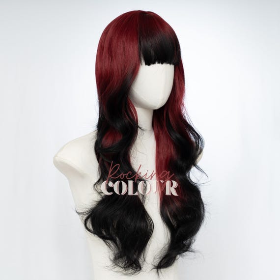 24-inch Red to Black Ombre Wig With Bangs | Long Wavy  display picture 1