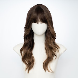 20-Inch Wavy Wig with Bangs – Dark Chestnut Brown to Caramel Ombre Wig for Natural Warm Look. Free Wig Cap Included.