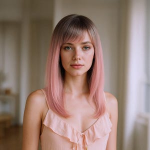 Pink Ombre Straight Wig with Bangs, 16-Inch Dark Root Shoulder-Length Synthetic Hair for Women, Includes Free Wig Cap