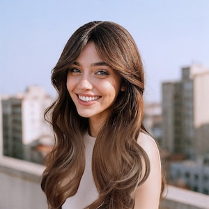 22-Inch Wavy Chocolate Brown Wig with Caramel Highlights – Layered Synthetic Wig with Curtain Bangs, Natural Look & Free Wig Cap