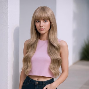 Ash Blonde Wavy Wig with Bangs, 26-Inch Long Fringe Hair, Natural Look Synthetic Hairpiece & Free Wig Cap