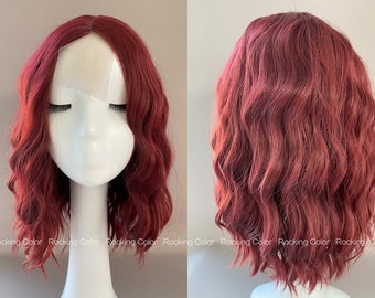 14'' Lace Front Burgundy/Wine Red Wavy Bob Synthetic Wig- short wigs. FREE Wig Cap