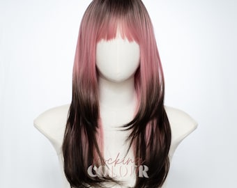 20-Inch Straight Wig with Bangs | Dark Root Pink Ombre Synthetic Hair | Layered Fringe Style