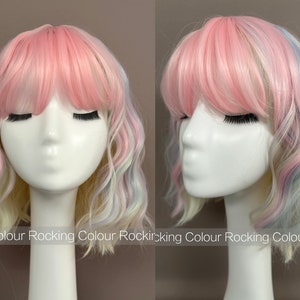 12'' Rainbow Unicorn Candy Marshmallow Color Bob Wig - Ladies Short Curly Fringe Wigs-FREE Wig Cap