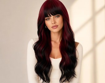 24-Inch Red to Black Ombre Wig with Bangs | Long Wavy Synthetic Hair for Women