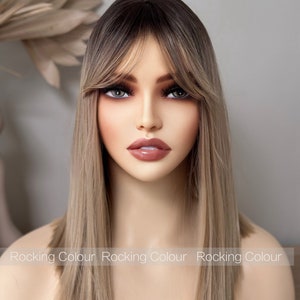 Ash Blonde Ombre Wig 16-Inch Straight Shoulder-Length with Bangs, One Length Cut for Women & Free Wig Cap