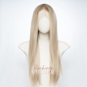 Perruque lace frontale 13x4 blond cendré 24 pouces | Cheveux raides synthétiques, aspect naturel