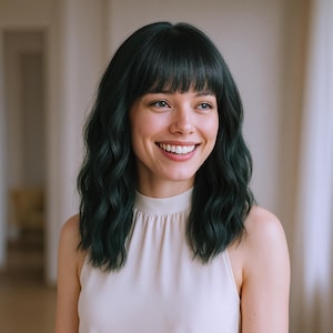 Peruca curta 14'' verde-azulado escuro Bob com franja, aparência natural, fibra resistente ao calor e touca de peruca GRÁTIS, corte de cabelo curto estiloso
