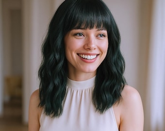 14-Inch Dark Teal Green Wavy Bob Wig with Bangs | Short Synthetic Hair