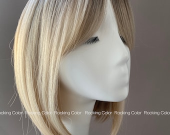 Blonde Ombre Bob Wig 10 Inch Short Synthetic Hair with Brown Roots & Layered Cut, FREE Wig Cap, Natural Look Style