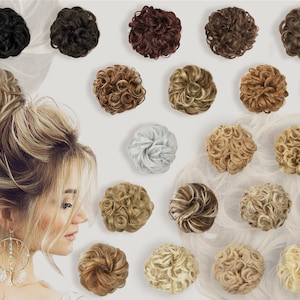 May include: Assortment of curly hair bun extensions in various colors, including black, brown, blonde, and gray. The extensions are arranged in a grid pattern on a white background.