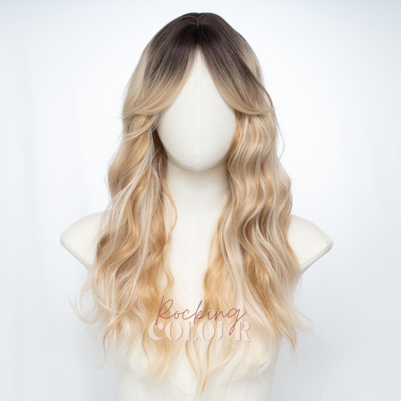 Long Wavy Ombre Wig With Bangs | 24-inch Dark Root to Ash  display picture 3