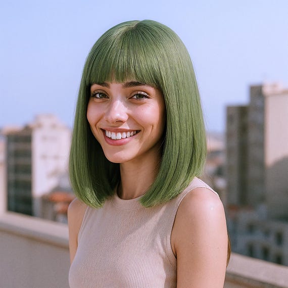 10-Inch Matcha Green Bob Wig with Bangs | Straight Short Synthetic Hair