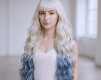 Blonde to Blue Ombre Wavy Wig with Bangs | 26-Inch Long Two Tone Synthetic Hair