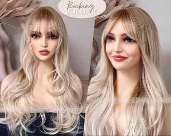 24'' Light Blonde Long Wave Wig with Bangs - Fringe Haircut Blonde Wig for Women