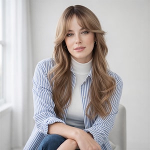 22-Inch Wavy Ash Blonde Balayage Wig with Brown Roots & Curtain Bangs