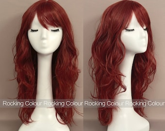 22'' Red Burgundy Long Curly Wig with Bangs-FREE Wig Cap