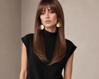 20-Inch Chocolate Brown Highlighted Wig with Bangs | Long Straight Layered Synthetic Hair