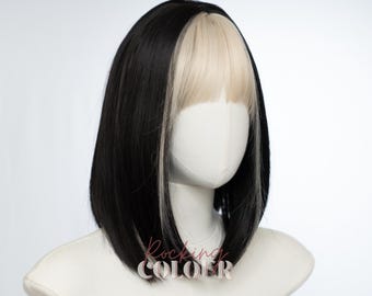 Black and Blonde Bob Wig with Bangs | 12-Inch Straight Two Tone Synthetic Hair