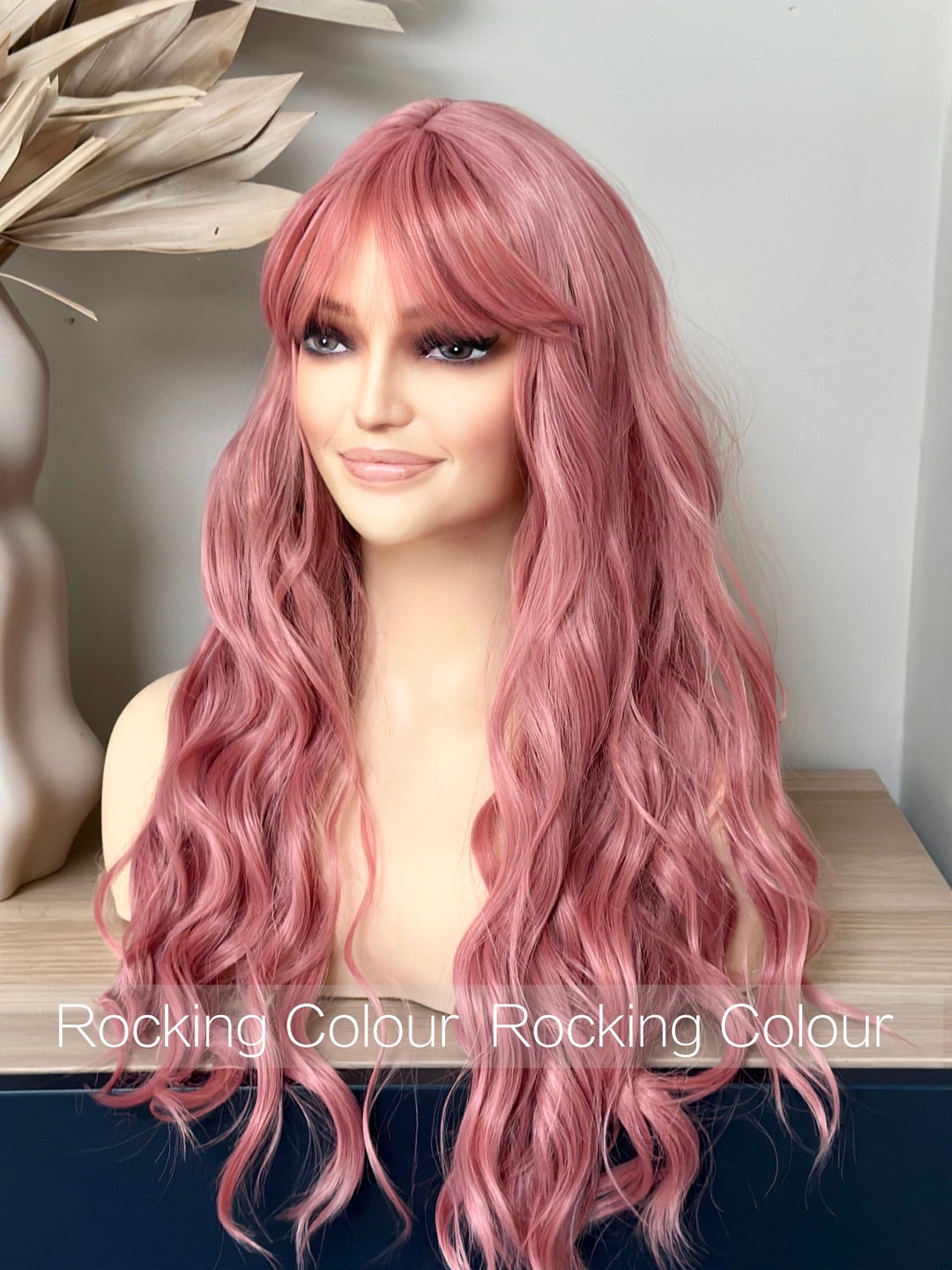 Pink Wavy Wig With Bangs 24-inch Extra Long Watermelon Pink