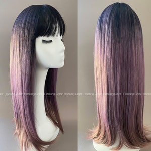 24'' Ombre Black Root Purple Straight Long Wig with Bangs. FREE Wig Cap
