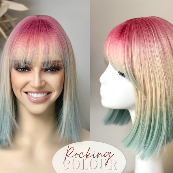 10'' Unicorn Short Bob Wig with Bangs - Ombre Pink Blue Fairy Hair Short Wig