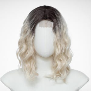 Ombre Dark Brown to Ash Blonde, 14-Inch Small Lace Front Wavy Bob Wig – Shoulder Length Synthetic Hair. Free Wig Cap