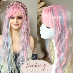 26'' Ice Cream Extra Long Wig with Bangs-Unicorn Colour Wigs for Women -Macaron Colors Wigs for Ladies -Rainbow Candy Marshmallow Colour Wig