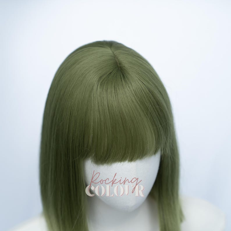Parrucca Bob verde matcha da 10 pollici con frangia / Capelli sintetici corti e lisci immagine 6