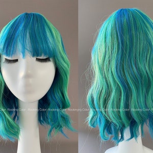 14'' Green Blue Shoulder Wavy Wig with Bangs-FREE Wig Cap