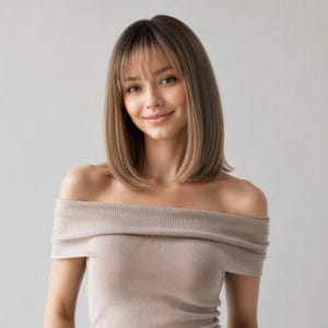 Peluca bob balayage castaño claro con flequillo / Cabello sintético liso con mechas de 30 cm imagen 1