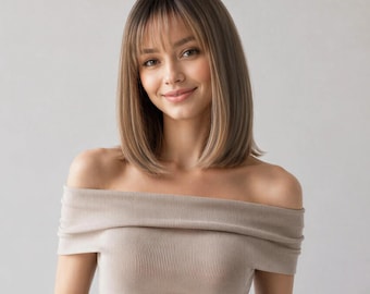 Light Brown Balayage Bob Wig with Bangs | 12-Inch Straight Highlighted Synthetic Hair