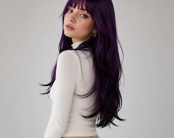 Purple and Black Two Tone Wig with Bangs | 22-Inch Straight Ombre Synthetic Hair