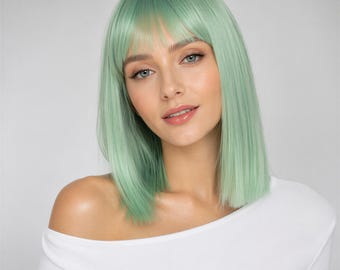 Parrucca bob verde menta con frangia / Capelli sintetici lisci corti da 25 cm