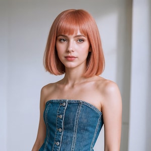 25 cm rosa rak bobperuk med lugg | Kort syntetiskt hår