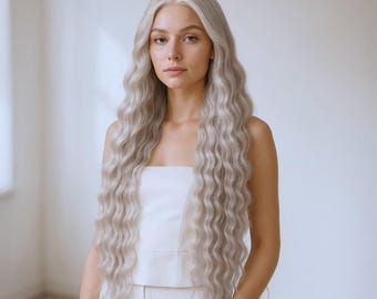 26-Zoll Light Ash Blonde 13 x 4 Lace Front Perücke | Wasserwelle hitzebeständiges synthetisches Haar
