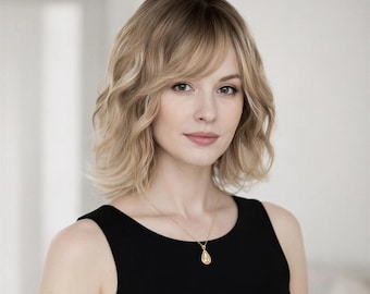 12-Inch Blonde Balayage Wavy Bob Wig | Dark Roots with Face-Framing Fringe, Natural Look