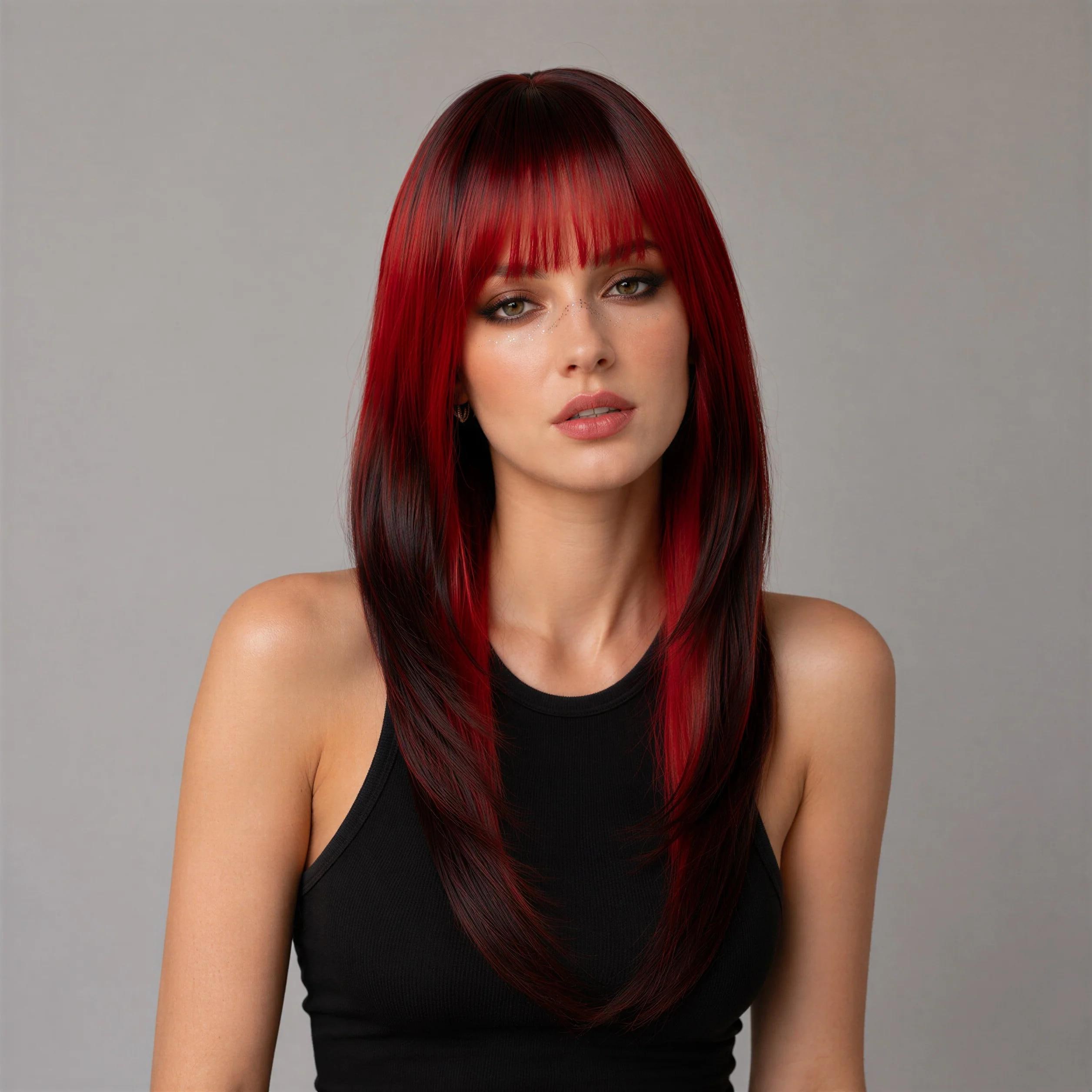Red and Black Ombre Wig With Bangs | 20-inch Straight 