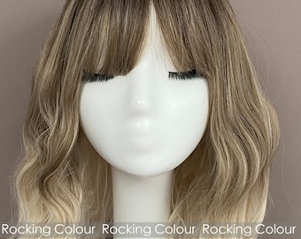 Ash Blonde Bob Wig with Bangs - 14-Inch Dark Root Ombre Fringe Hairpiece, Natural Look & FREE Wig Cap Included