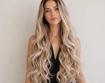 Parrucca sintetica lunga 24 pollici, biondo latte balayage ondulato, con frontale in pizzo 13x4 / Capelli sintetici
