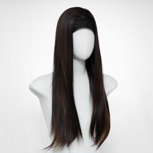24-Inch Headband Wig – Straight or Wavy Black with Brown Highlights Synthetic Hair, Free Wig Cap & Bonus Headband Included