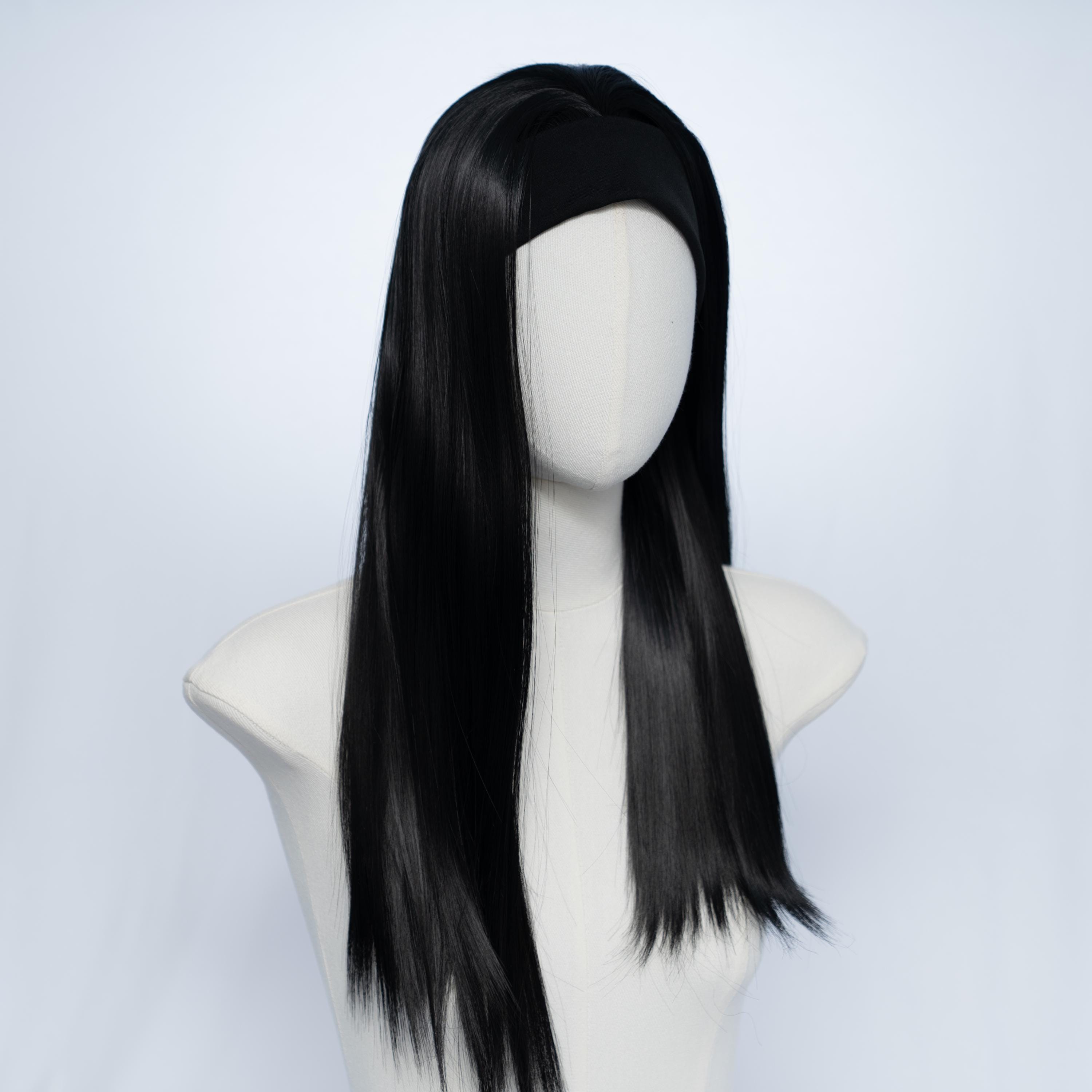 20-Inch Jet Black Straight Headband Wig – Glueless Easy Wear with Free Wig Cap & Extra Patterned Headband
