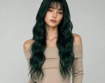 24-Inch Dark Green Wavy Wig with Bangs | Long Emerald Synthetic Hair for Women